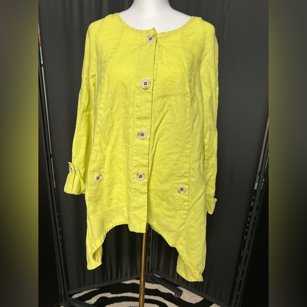 For Cynthia Lemon/Lime Asymmetrical Long Sleeve Button Down